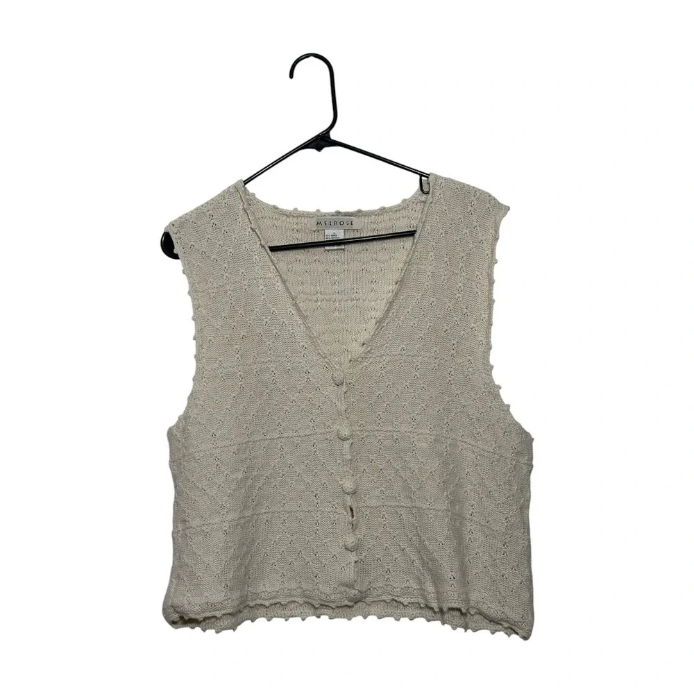 Melrose Vintage Cottagecore Cream Knit Button Front Vest Scalloped Trim SZ Large